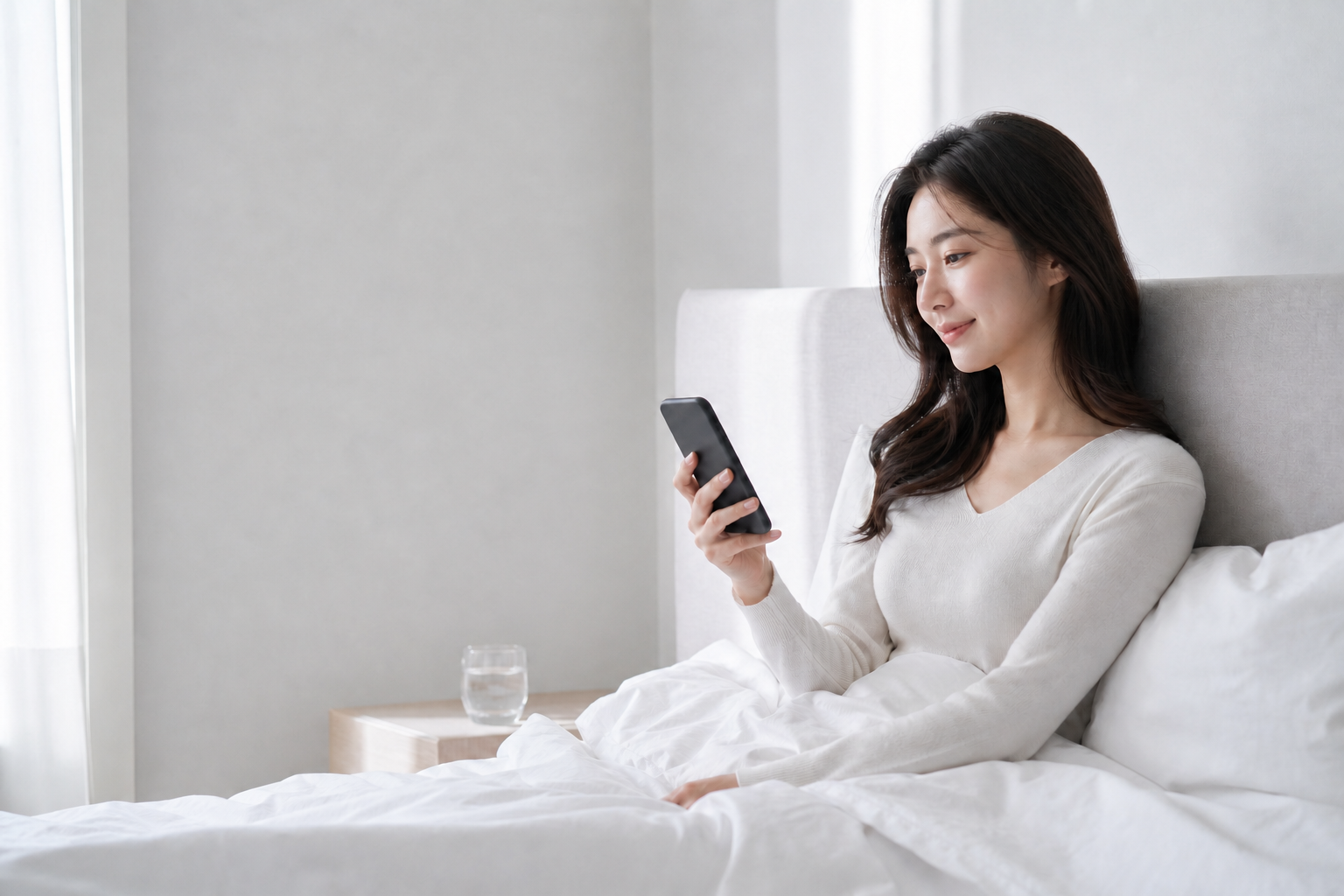 아침 침대에서 휴대전화를 확인하는 사람